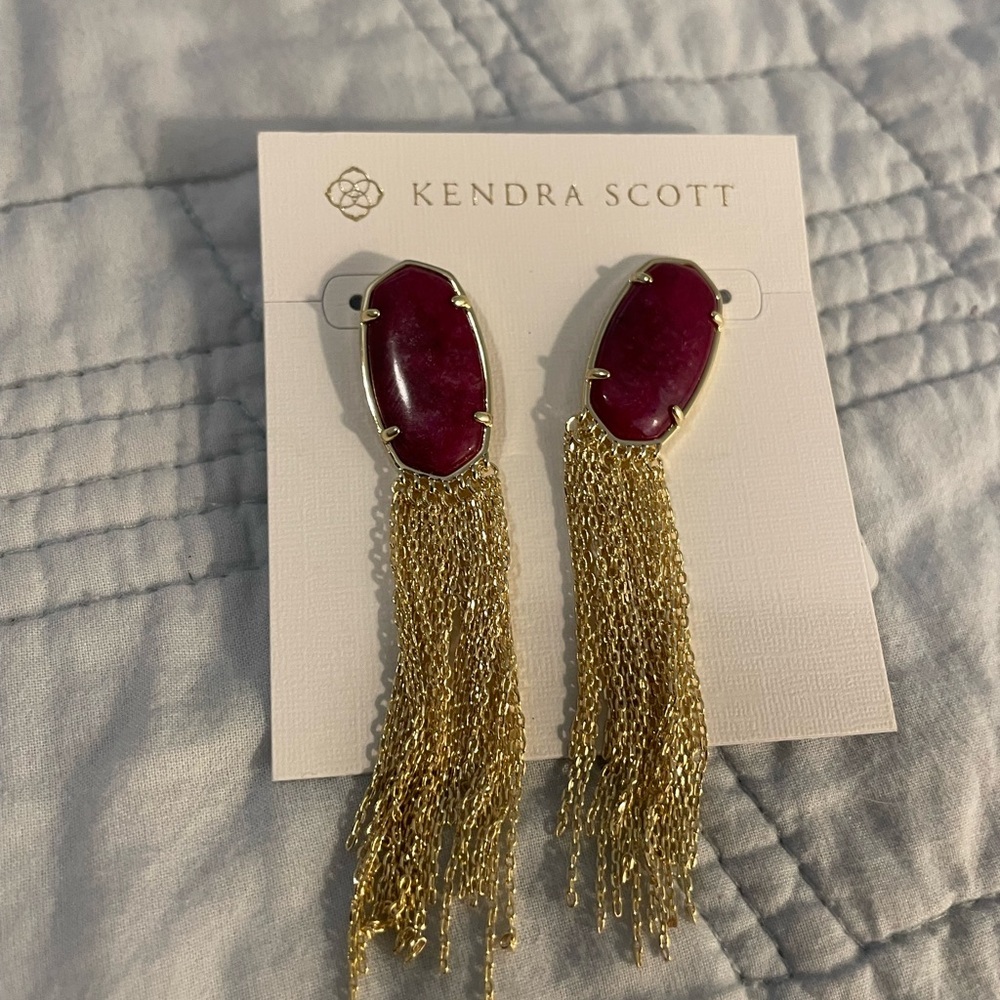 Kendra Scott Gold Tassel Earrings with Deep Berry Stone